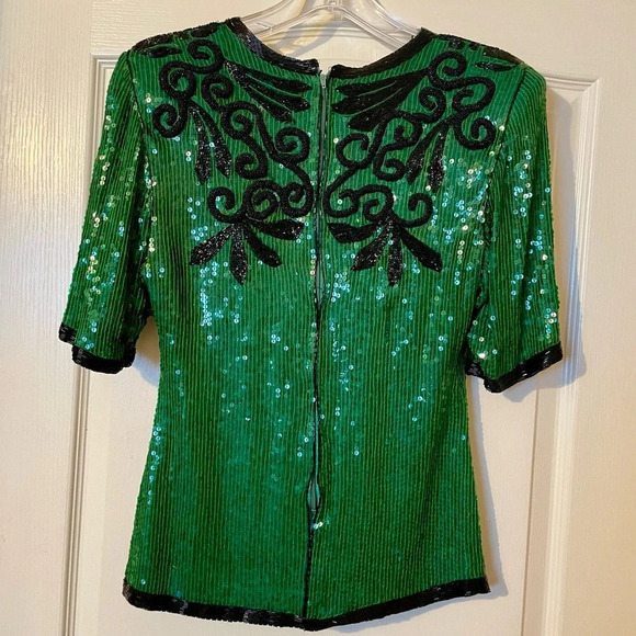 Vintage Justine Todd 100% Silk Green Beaded Sequin Top Size XS Petite Party Fest - Picture 4 of 6